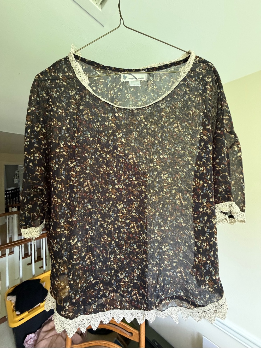 imaginary voyage Sheer Floral Crochet-Trim Blouse - Black & Brown